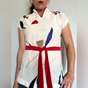 Vintage David Matthew Tulip Tunic Blouse with Red Tie Sash Sz Medium Petite